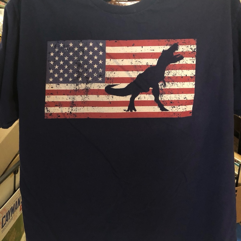 Port and Company Blue T-Shirt with American Flag and Dinosaur